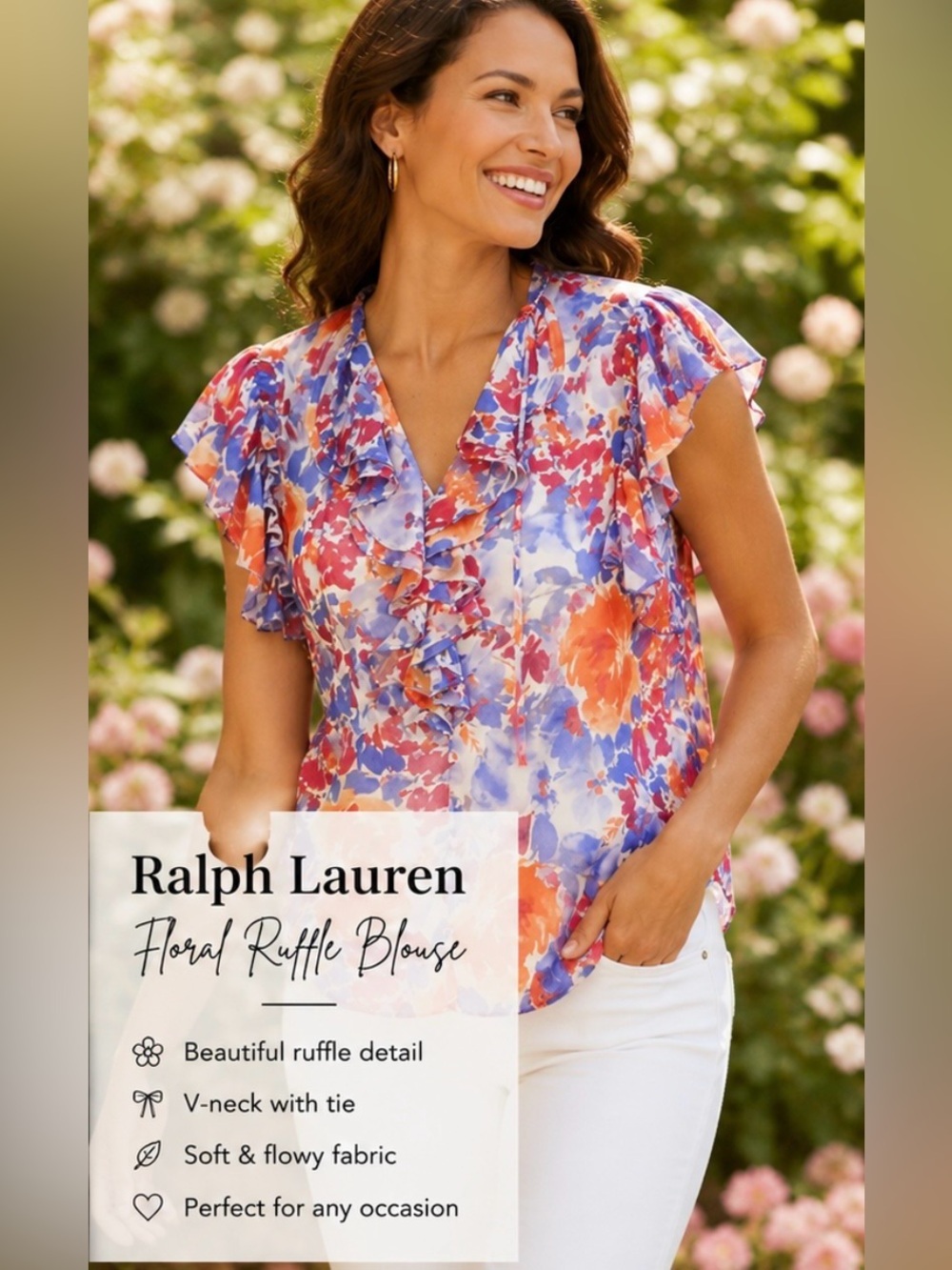 Ralph Lauren Floral Ruffle Blouse V-Neck Colorful Size 1X